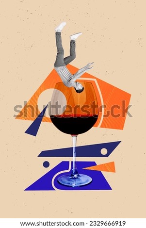 Photo collage artwork minimal picture of crazy funky guy diving big wine glass isolated beige color background
