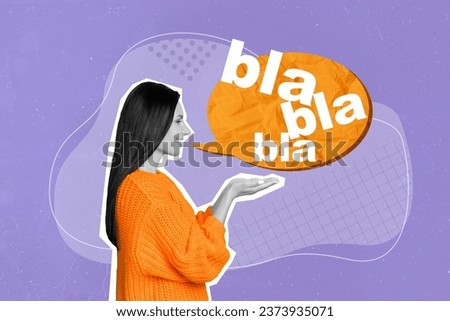Photo collage artwork minimal picture of lady holding arms blablabla mind cloud isolated violet color background