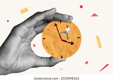 Photo collage artwork picture of arm holding clock dancing arrow guys isolated graphical background