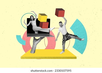 Photo collage artwork picture of funky couple playing game apple samsung modern device isolated graphical background - Powered by Shutterstock