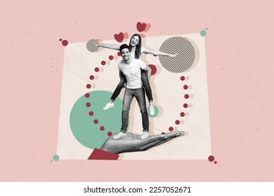 Photo collage artwork postcard greeting carefree girlfriend piggyback flying wings fun chill boyfriend weekend free time isolated pink background