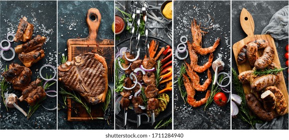 Photo Collage. Barbecue Menu On Black Stone Background. Kebab, Steak, Vegetables And Seafood.