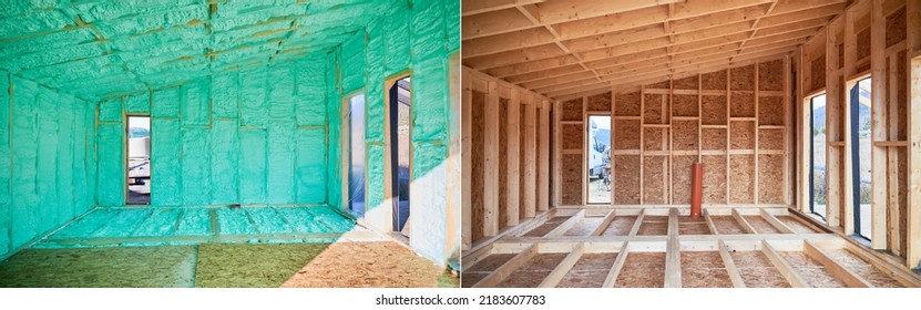 Photo Collage Before And After Thermal Insulation Room In Wooden Frame House In Scandinavian Style Barn House. Comparison Of Walls Sprayed By Polyurethane Foam. Construction And Insulation Concept.