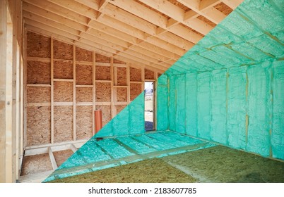 Photo Collage Before And After Thermal Insulation Room In Wooden Frame House In Scandinavian Style Barn House. Comparison Of Walls Sprayed By Polyurethane Foam. Construction And Insulation Concept.