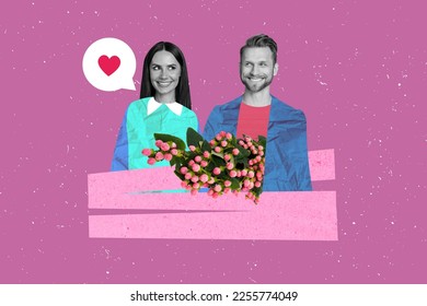 Photo collage cartoon image poster attractive people spending time romantic date isolated painted background