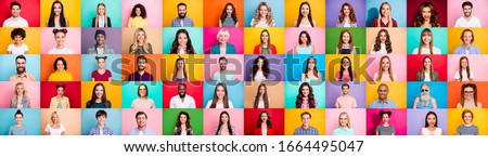 Photo collage of cheerful excited glad optimistic crowd of different human have toothy beaming smile wear casual clothes isolated over bright multicolored background