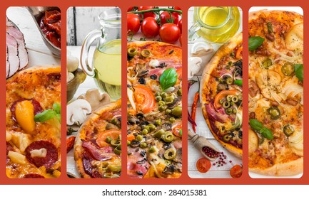 photo collage of different kinds of pizza