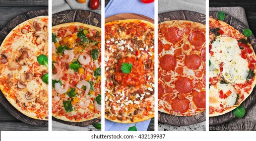 Photo collage with five different types of pizza