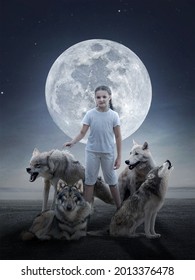 Photo collage: girl playing with wolves on a moonlit night.