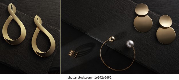 Photo Collage Of Golden Jewelry Set On Black Stone Surface. Golden Earrings, Bracelet And Ring On Dark Background