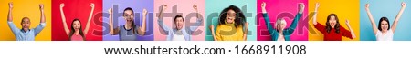 Photo collage of group of eight different delightful cheerful encouraged victorious champion millennials have good mood feel happy excited emotion isolated over multicolored background sale concept
