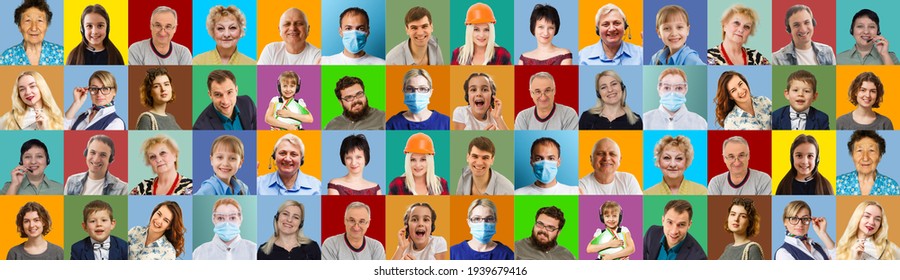 Photo Collage Of Group Of Glad Cheerful Surprised People Person Youngsters Children Having Bright Facial Expressions Isolated Over Multicolored Background