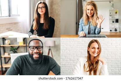 Photo Collage Of Group Of Multiracial Employees Or Friends Are Talking Online Via Video Connection. Virtual Meeting Concept