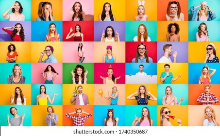 Photo Collage Of Group Video Call Funky Cheerful Excited Astonished Surprised People Youngsters Children Bloggers Having Fun Bright Facial Expressions Isolated Over Multicolored Background