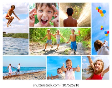 Photo Collage Of Happy Smiling And Laughing Children Playing, Running In The Woods, Walking Along The Beach , Making Faces, Swimming And Relaxing Outdoor In Summer