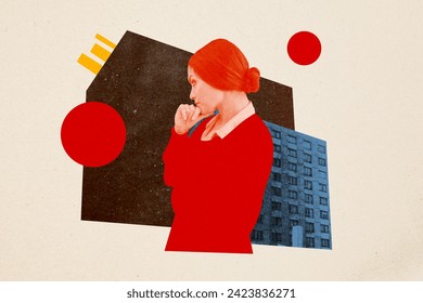 Photo collage illustration sad thoughtful woman think uhappy city ubran apartment building property real estate dilemma problem