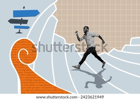 Photo collage illustration walking young man towards roadsign route path indicator right left turn choose direction drawing background