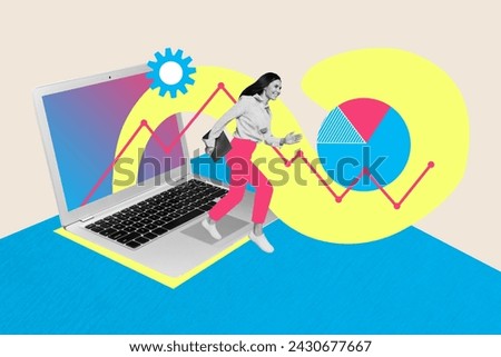 Photo collage illustration of young data analytic in financial department woman running and count costs isolated on beige background