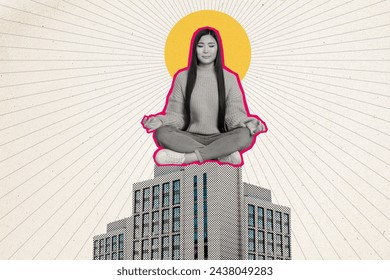 Photo collage illustration young sitting girl meditation yoga exercise mind rest body retreat city urban building drawing background