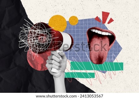 Photo collage image human arm holding loudspeaker announce noise proclaim disinformation caricature mouth mental issues bullying