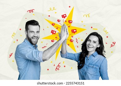 Photo collage image poster postcard of happy joyful people team celebrate success achievement isolated on painted background - Powered by Shutterstock