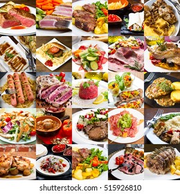 photo collage of meat dishes of international cuisine