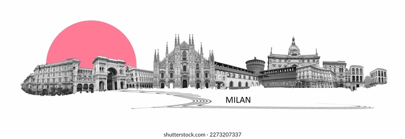 Photo collage from Milan, Italy. Collage includes major landmarks like the castle, cathedral. Art design - Powered by Shutterstock