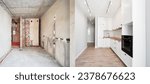 Photo collage of old apartment and new renovated room with parquet floor, kitchen counter, stove and white kitchen furniture. Concept of home renovation, restoration and refurbishment.