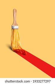 Photo Collage Of Paint Brush With Spaghetti In Red Ketchup Drawing Long Red Bold Stripe On Light Yellow Background. Creative Process, Brainstorming, Inspiration And Imagination Concept