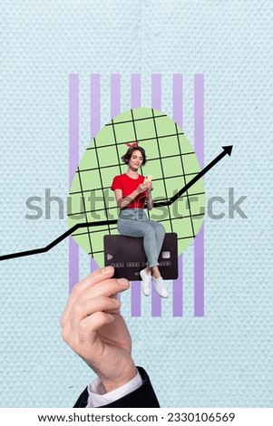 Photo collage picture of arm holding lady sitting credit card chatting gagdet isolated graphical background
