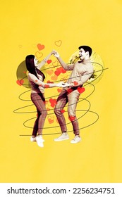 Photo collage picture artwork poster postcard sketch of cute posittve couple hold hands spending time togeyher isolated on painted background - Shutterstock ID 2256234751