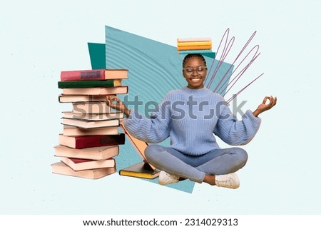Photo collage picture of charming smiling lady practicing yoga enjoying reading book isolated teal color background