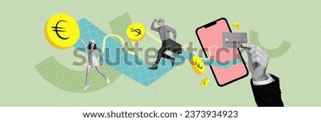 Photo collage picture of excited workers earning crypto cash modern device isolated green color background