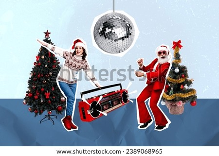 Photo collage picture of funky carefree santa helper enjoying x-mas disco isolated graphical background