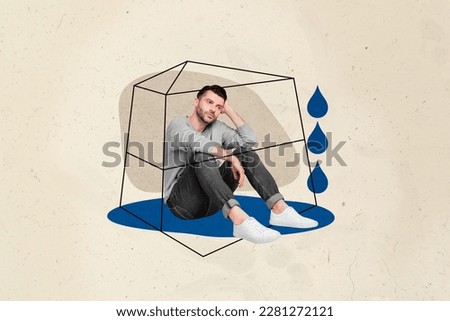 Photo collage picture poster of sad upset man sitting cage think dreaming better life isolated on drawing background