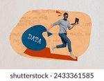 Photo collage picture of robber young man in mask jumping with bag private information users hacker use laptop isolated on beige background