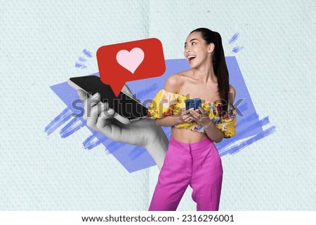 Photo collage picture of smiling dreamy lady getting instagram twitter telegram facebook likes isolated graphical background