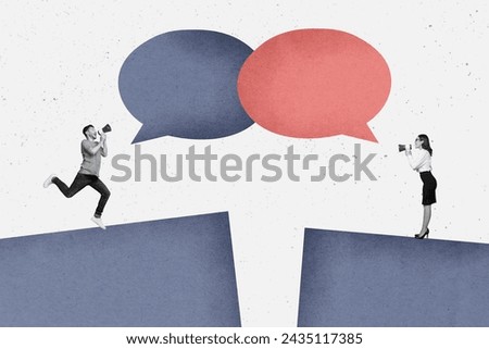 Photo collage picture standing two colleagues sides apart loudspeaker say each other proclaim obstacle overcome abyss white background