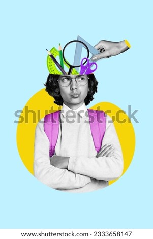 Photo collage picture of thoughtful brainstorming schoolboy folded arms hmm look empty space head science isolated on blue background