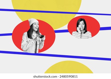 Photo collage picture two girls scared frustrated bite nails joyful mood play joystick contoller videogame excited entertainment - Powered by Shutterstock