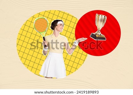 Photo collage picture young girl badminton tennis player win tournament prize golden cup award hold racket hobby professional