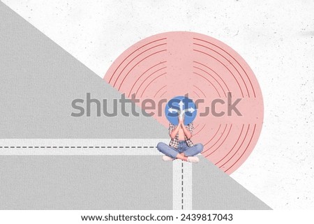 Photo collage picture young sitting girl headless roadsign instead face direction indicator lost way road drawing background