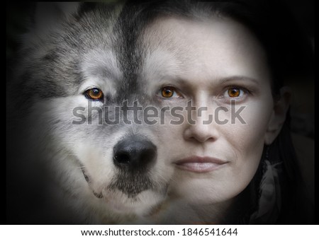 Photo collage of portraits of a beautiful woman and an Alaskan Malamute dog
