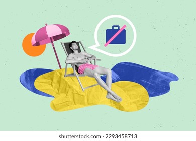 Photo collage relaxed male traveling ocean sea sun bathing warm hot sun rays ignore work vacation colorful picture background - Powered by Shutterstock
