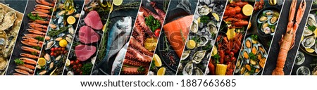 Photo collage. Seafood: Fresh fish, crustaceans and shellfish on a black background.