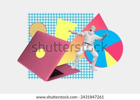 Photo collage of senior man businessman working looking year results corporation diagram pie chart from laptop isolated on white background