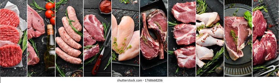 Photo collage. Set of raw meat on a black background. Top view. - Shutterstock ID 1768668206