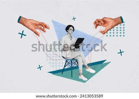Photo collage sitting young woman browsing tablet human arms authority control pull wires marionette manipulation drawing background