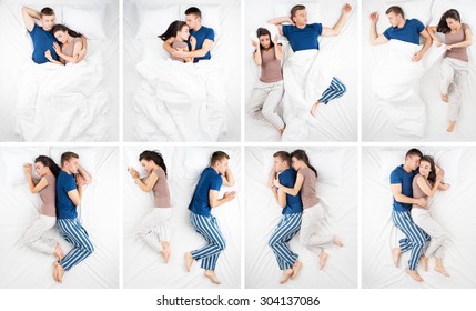 Photo collage of sleeping young couple in big white bed. Eight different emotional sleep positions. Couple hugging each other, sleeping back to back - Powered by Shutterstock