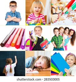 Photo Collage Of Small Children With Their School Supplies And Toys